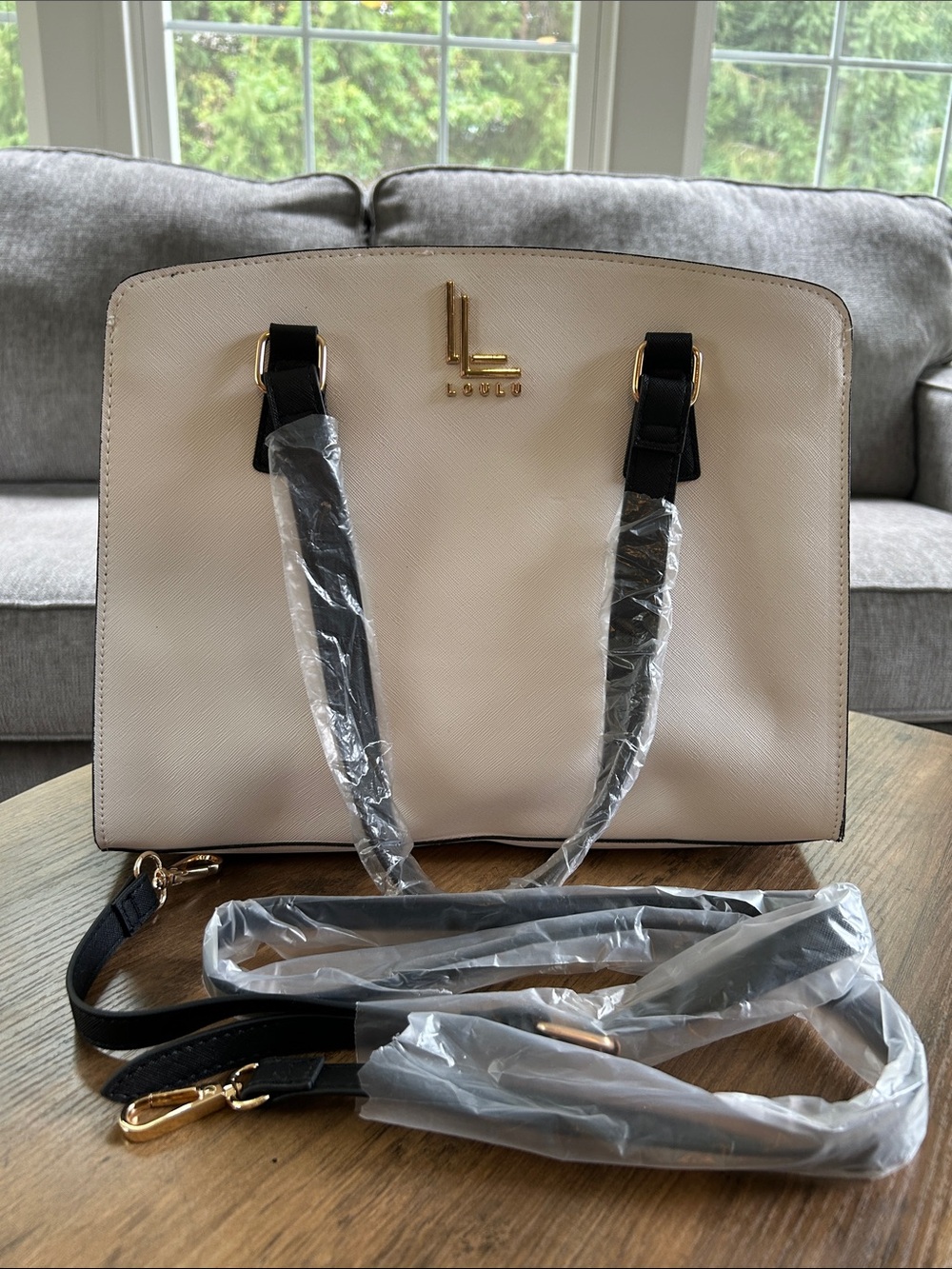 Loulu Cream Satchel with Black Straps and Gold Accents-NWOT